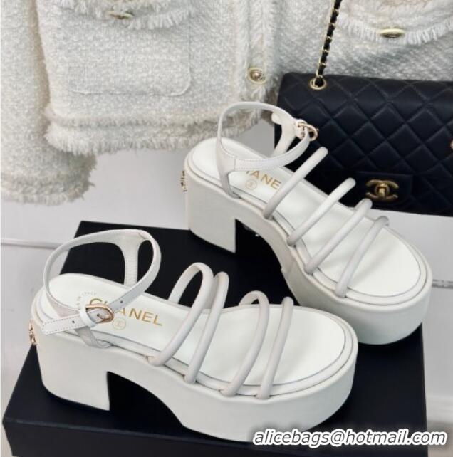 Good Looking Chanel Calfskin Leather Heel Platform Sandals White 223088