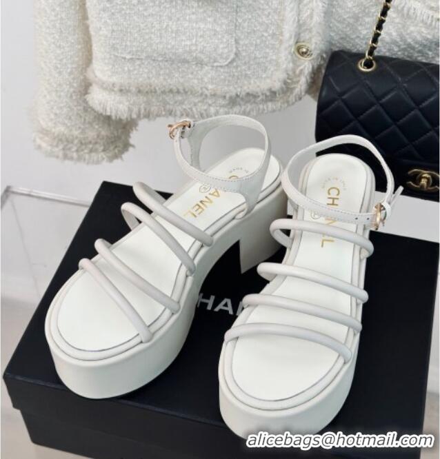 Good Looking Chanel Calfskin Leather Heel Platform Sandals White 223088