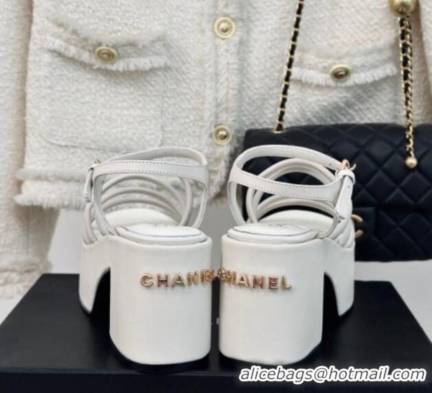 Good Looking Chanel Calfskin Leather Heel Platform Sandals White 223088