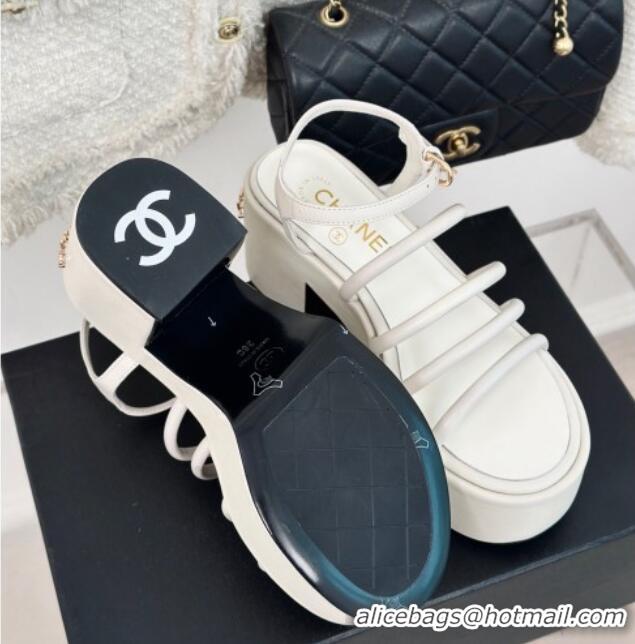 Good Looking Chanel Calfskin Leather Heel Platform Sandals White 223088