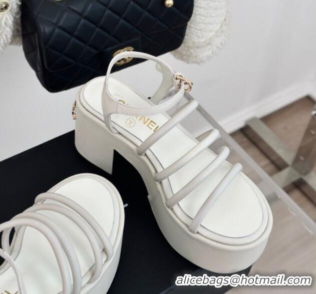 Good Looking Chanel Calfskin Leather Heel Platform Sandals White 223088