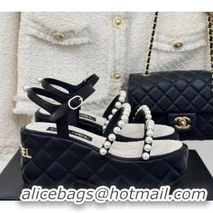 Duplicate Chanel Quilted Lambskin & Pearls Wedge Platform Sandals 7cm Black 223089