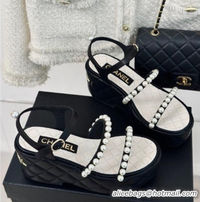 Duplicate Chanel Quilted Lambskin & Pearls Wedge Platform Sandals 7cm Black 223089