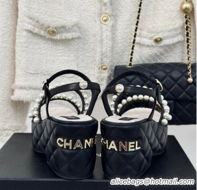 Duplicate Chanel Quilted Lambskin & Pearls Wedge Platform Sandals 7cm Black 223089