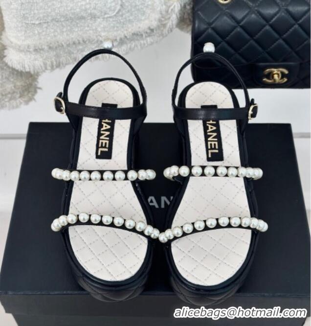 Duplicate Chanel Quilted Lambskin & Pearls Wedge Platform Sandals 7cm Black 223089