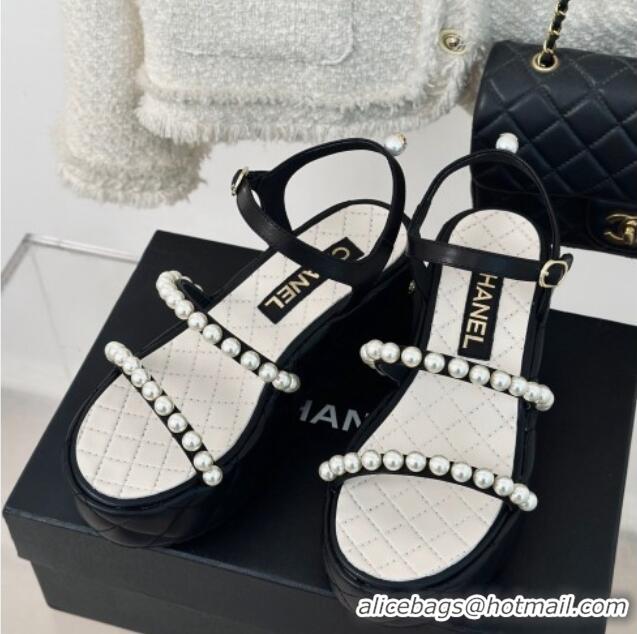 Duplicate Chanel Quilted Lambskin & Pearls Wedge Platform Sandals 7cm Black 223089