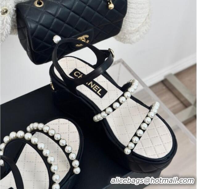 Duplicate Chanel Quilted Lambskin & Pearls Wedge Platform Sandals 7cm Black 223089