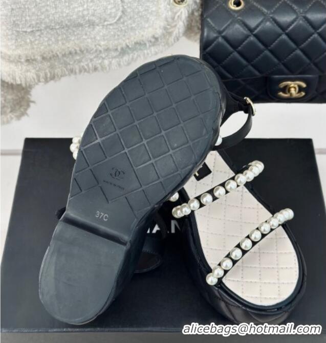 Duplicate Chanel Quilted Lambskin & Pearls Wedge Platform Sandals 7cm Black 223089