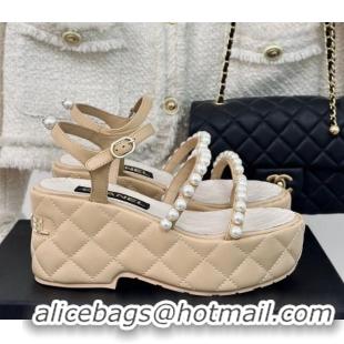 Luxurious Chanel Quilted Lambskin & Pearls Wedge Platform Sandals 7cm Beige 223090