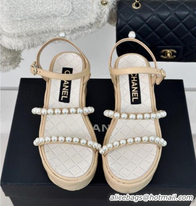 Luxurious Chanel Quilted Lambskin & Pearls Wedge Platform Sandals 7cm Beige 223090