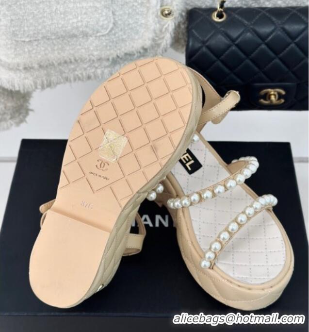 Luxurious Chanel Quilted Lambskin & Pearls Wedge Platform Sandals 7cm Beige 223090