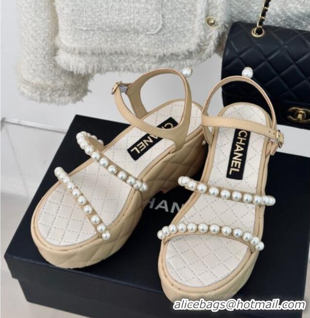 Luxurious Chanel Quilted Lambskin & Pearls Wedge Platform Sandals 7cm Beige 223090