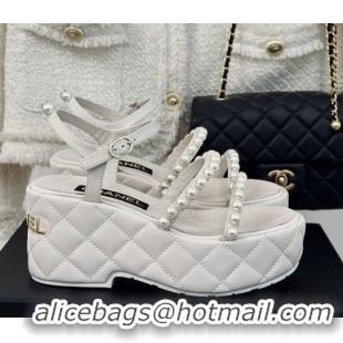 Unique Style Chanel Quilted Lambskin & Pearls Wedge Platform Sandals 7cm White 0223091