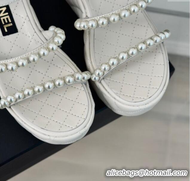 Unique Style Chanel Quilted Lambskin & Pearls Wedge Platform Sandals 7cm White 0223091