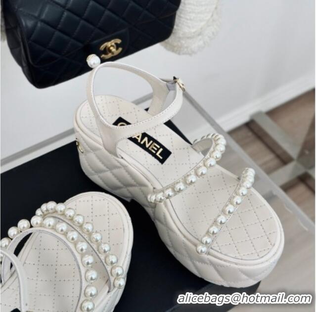 Unique Style Chanel Quilted Lambskin & Pearls Wedge Platform Sandals 7cm White 0223091