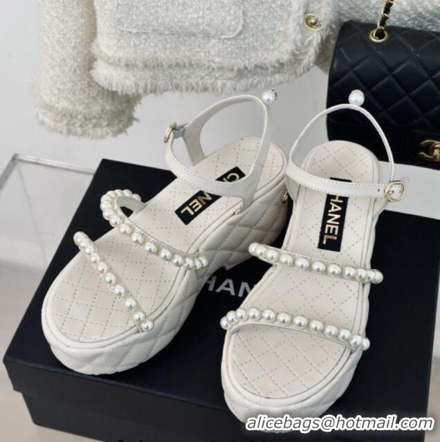 Unique Style Chanel Quilted Lambskin & Pearls Wedge Platform Sandals 7cm White 0223091