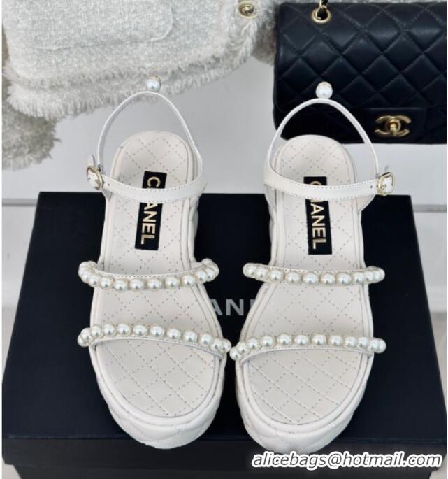 Unique Style Chanel Quilted Lambskin & Pearls Wedge Platform Sandals 7cm White 0223091