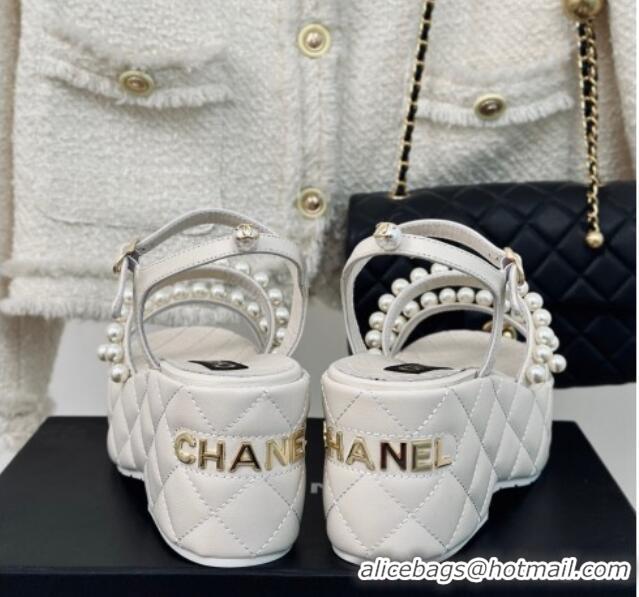 Unique Style Chanel Quilted Lambskin & Pearls Wedge Platform Sandals 7cm White 0223091