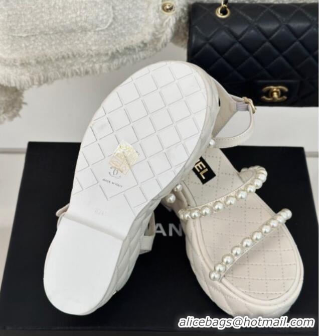 Unique Style Chanel Quilted Lambskin & Pearls Wedge Platform Sandals 7cm White 0223091