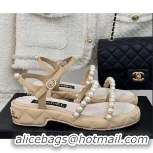 Buy Discount Chanel Quilted Lambskin & Pearls Heel Sandals 3cm Beige 223093