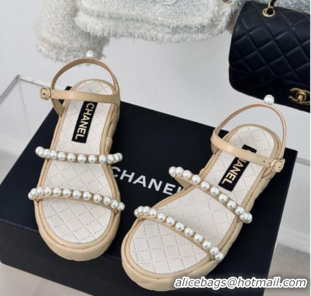 Buy Discount Chanel Quilted Lambskin & Pearls Heel Sandals 3cm Beige 223093