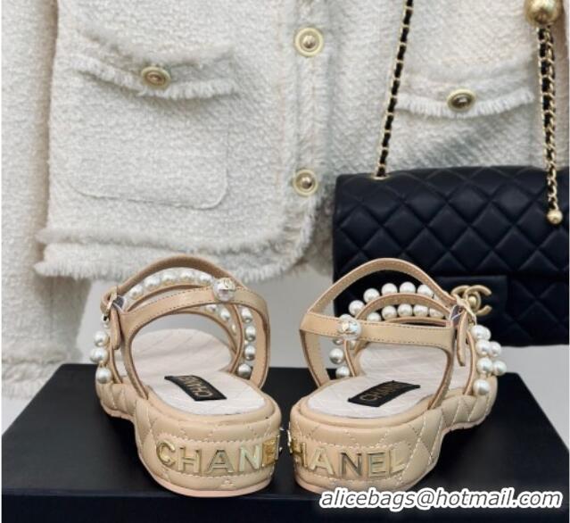 Buy Discount Chanel Quilted Lambskin & Pearls Heel Sandals 3cm Beige 223093