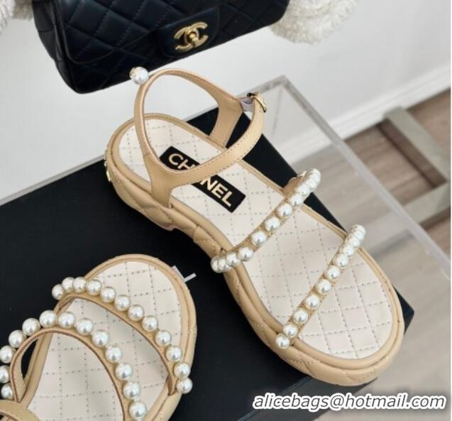 Buy Discount Chanel Quilted Lambskin & Pearls Heel Sandals 3cm Beige 223093