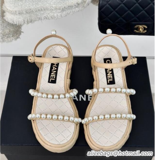 Buy Discount Chanel Quilted Lambskin & Pearls Heel Sandals 3cm Beige 223093