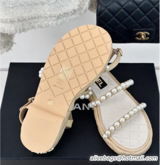 Buy Discount Chanel Quilted Lambskin & Pearls Heel Sandals 3cm Beige 223093