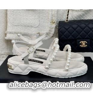 Classic Hot Chanel Quilted Lambskin & Pearls Heel Sandals 3cm White 0223094