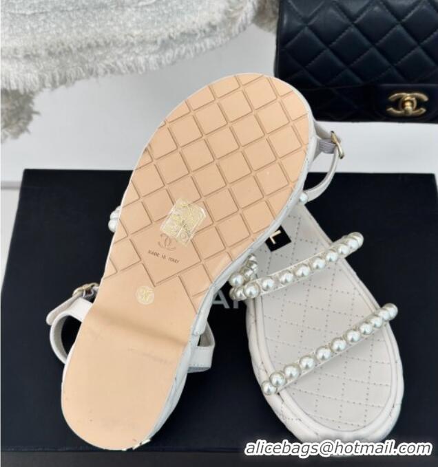 Classic Hot Chanel Quilted Lambskin & Pearls Heel Sandals 3cm White 0223094