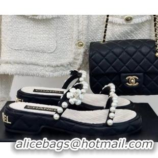 Most Popular Chanel Quilted Lambskin and Pearls Heel Slide Sandals 3cm Black 0223095