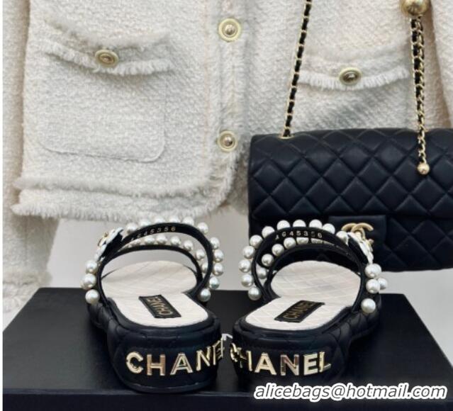 Most Popular Chanel Quilted Lambskin and Pearls Heel Slide Sandals 3cm Black 0223095