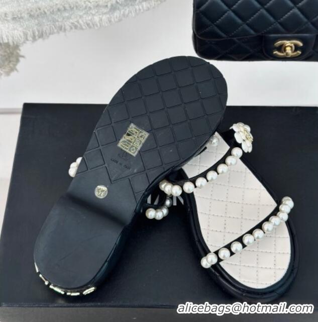 Most Popular Chanel Quilted Lambskin and Pearls Heel Slide Sandals 3cm Black 0223095