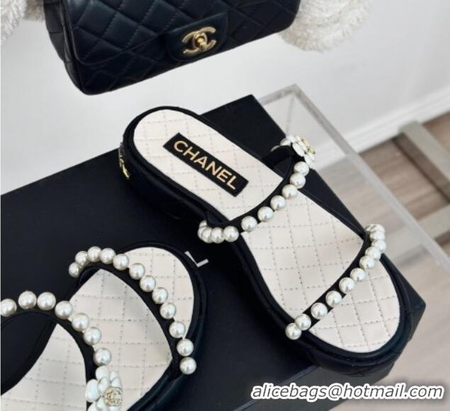 Most Popular Chanel Quilted Lambskin and Pearls Heel Slide Sandals 3cm Black 0223095