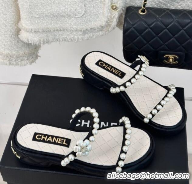 Most Popular Chanel Quilted Lambskin and Pearls Heel Slide Sandals 3cm Black 0223095