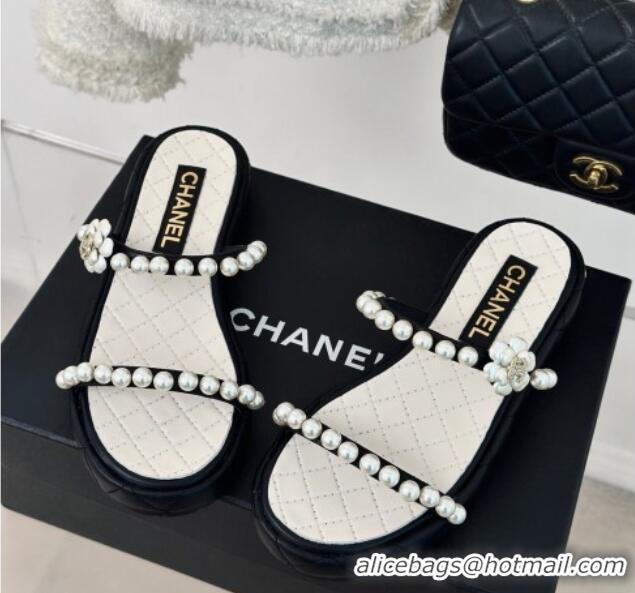 Most Popular Chanel Quilted Lambskin and Pearls Heel Slide Sandals 3cm Black 0223095