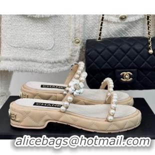 Discount Chanel Quilted Lambskin and Pearls Heel Slide Sandals 3cm Beige 0223096