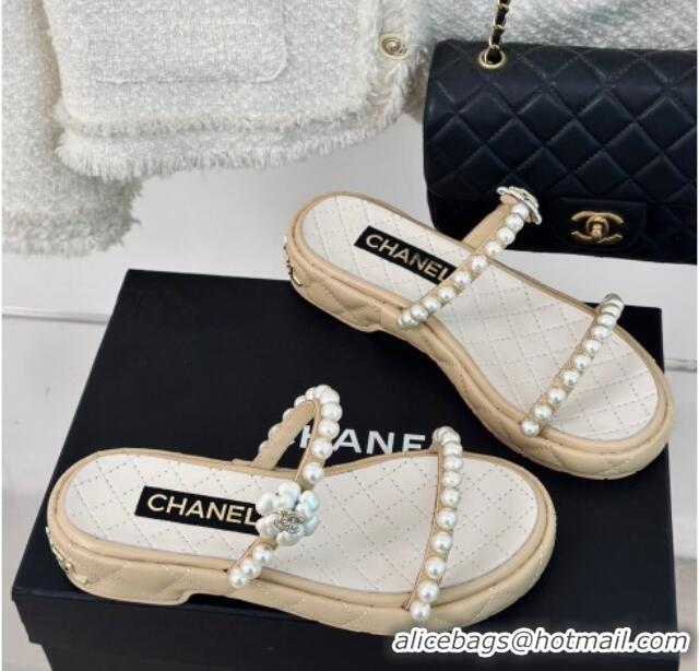 Discount Chanel Quilted Lambskin and Pearls Heel Slide Sandals 3cm Beige 0223096