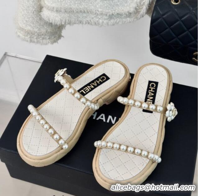 Discount Chanel Quilted Lambskin and Pearls Heel Slide Sandals 3cm Beige 0223096