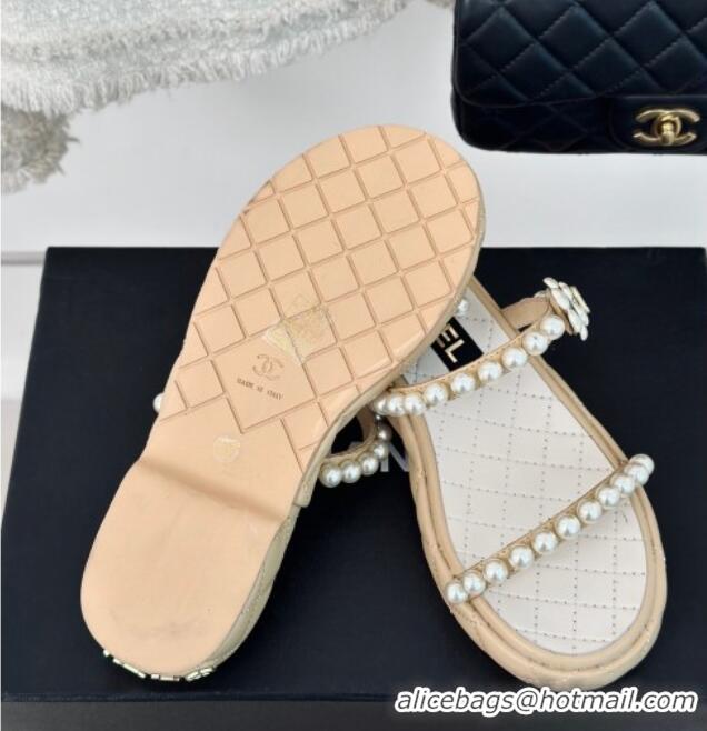 Discount Chanel Quilted Lambskin and Pearls Heel Slide Sandals 3cm Beige 0223096