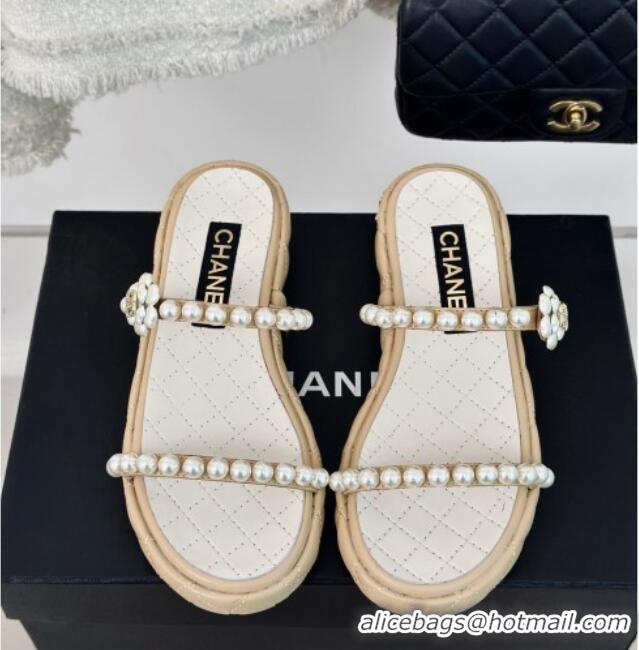 Discount Chanel Quilted Lambskin and Pearls Heel Slide Sandals 3cm Beige 0223096