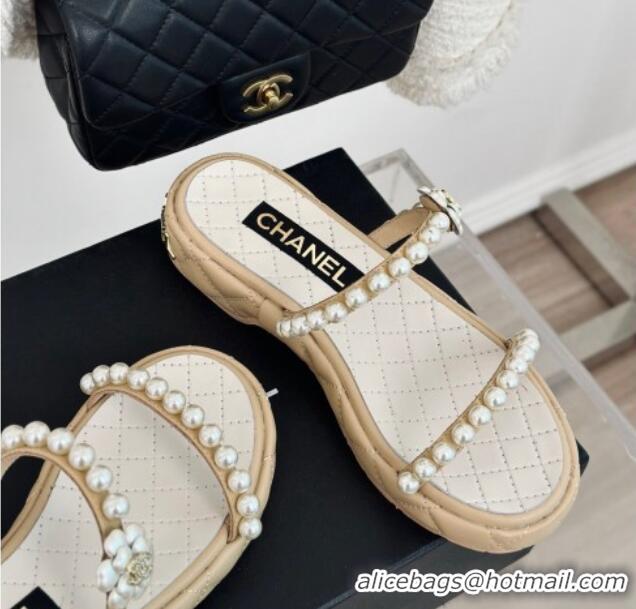 Discount Chanel Quilted Lambskin and Pearls Heel Slide Sandals 3cm Beige 0223096