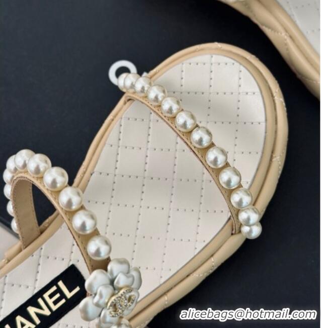 Discount Chanel Quilted Lambskin and Pearls Heel Slide Sandals 3cm Beige 0223096