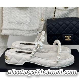 Perfect Chanel Quilted Lambskin and Pearls Heel Slide Sandals 3cm White 0223097