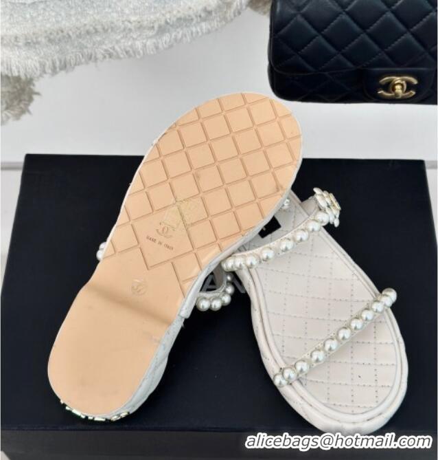 Perfect Chanel Quilted Lambskin and Pearls Heel Slide Sandals 3cm White 0223097