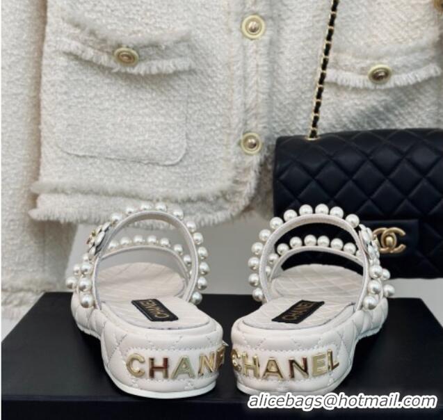 Perfect Chanel Quilted Lambskin and Pearls Heel Slide Sandals 3cm White 0223097