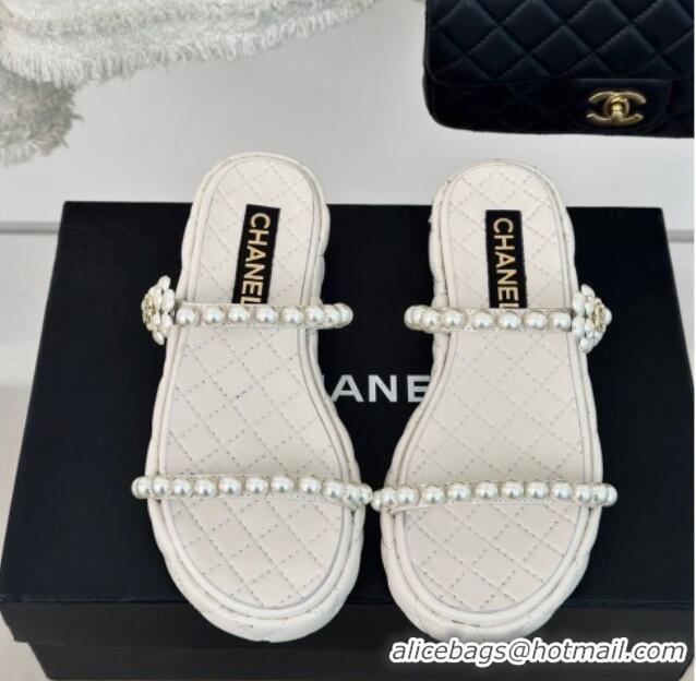 Perfect Chanel Quilted Lambskin and Pearls Heel Slide Sandals 3cm White 0223097