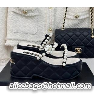 Best Grade Chanel Quilted Lambskin and Pearls Wedge Platform Slide Sandals 7cm Black 223098