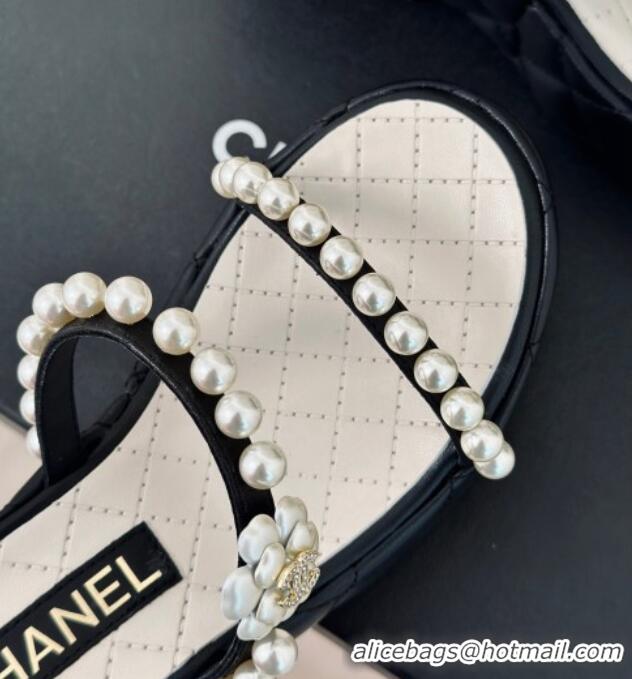 Best Grade Chanel Quilted Lambskin and Pearls Wedge Platform Slide Sandals 7cm Black 223098